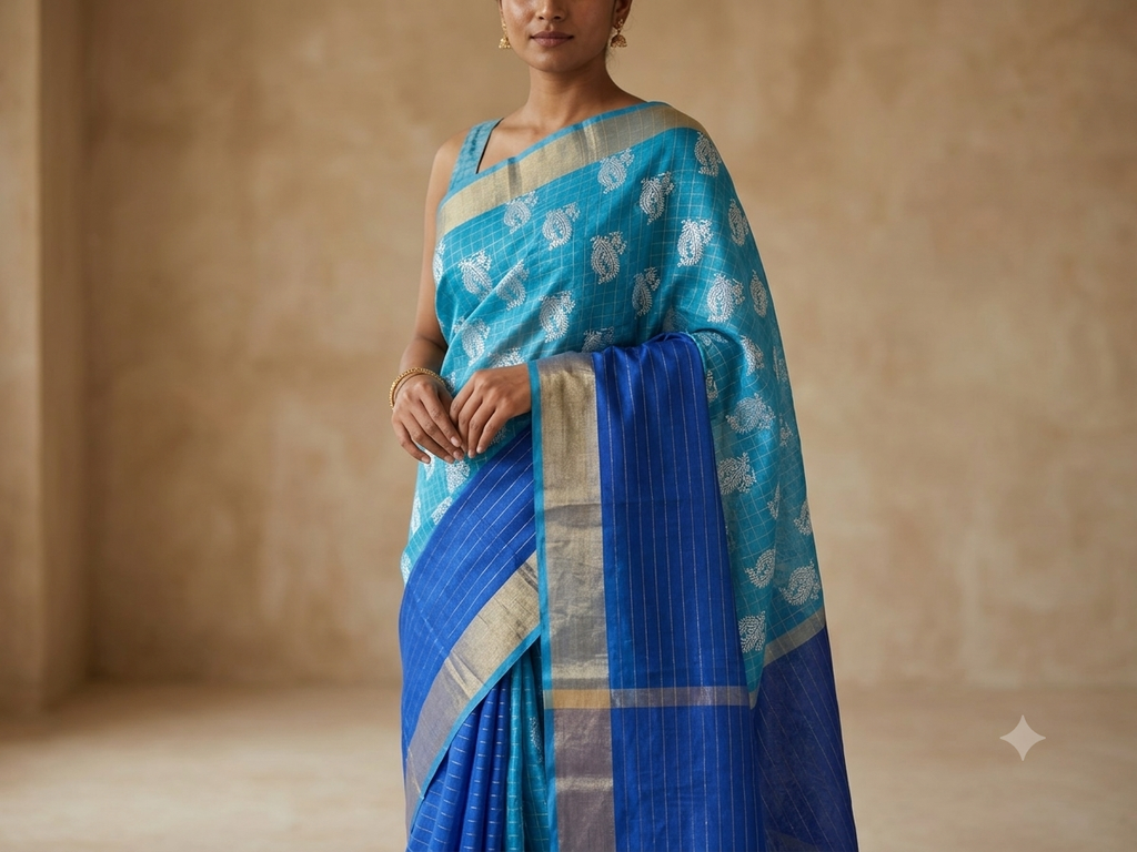 Royal Blue Paisley Silk Saree with Zari Border | Wedding & Festive Wear