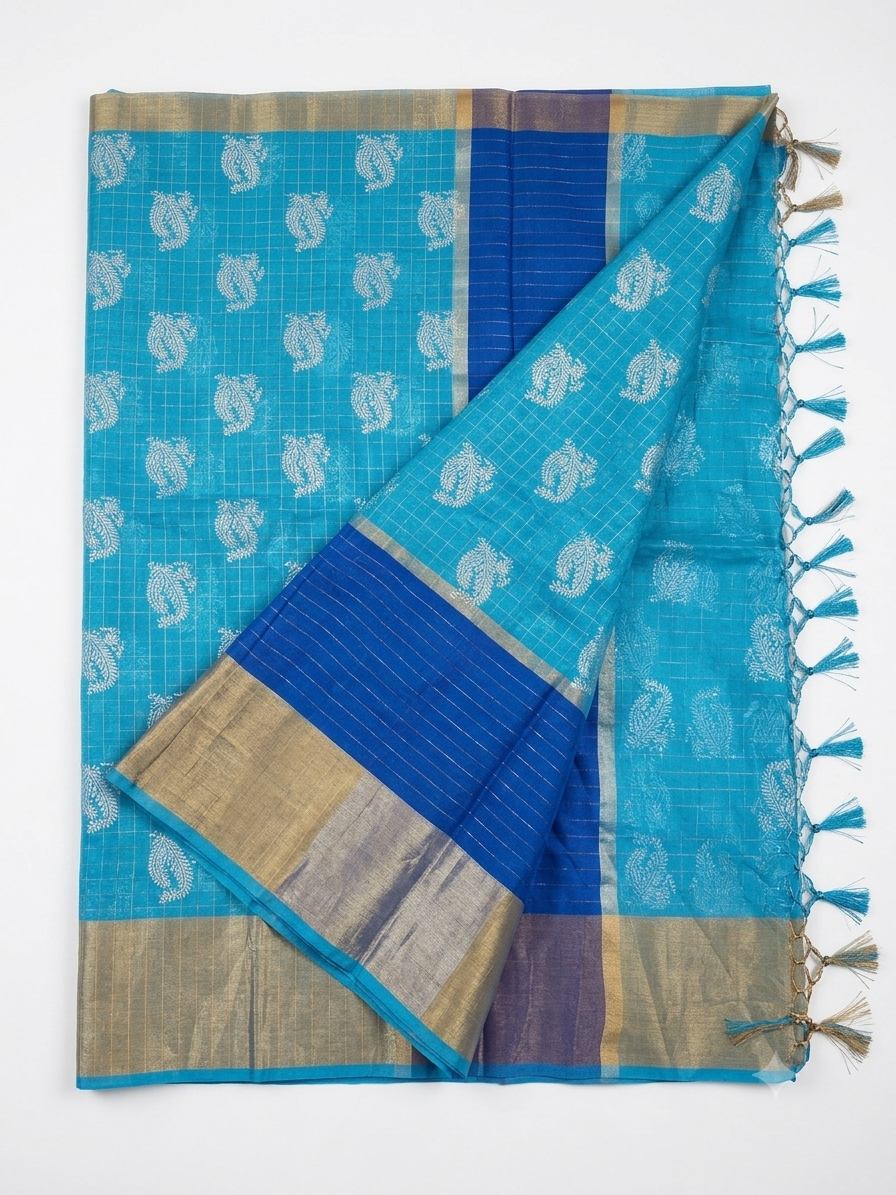 Royal Blue Paisley Silk Saree with Zari Border | Wedding & Festive Wear