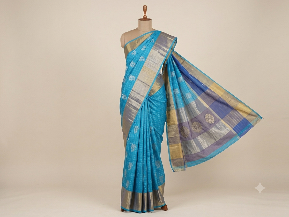 Royal Blue Paisley Silk Saree with Zari Border | Wedding & Festive Wear