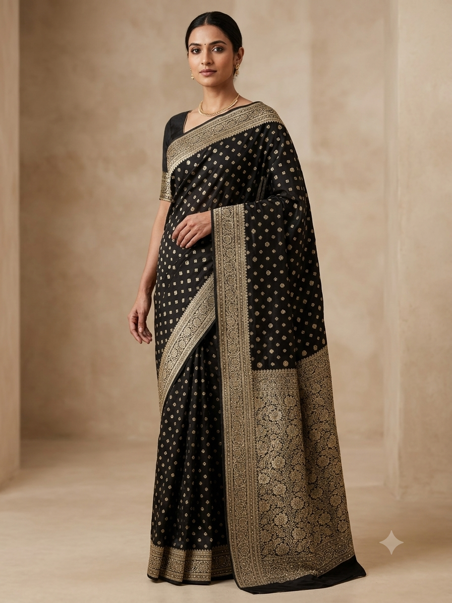 Black Silk Saree with Gold Zari Booti Work | Festive & Wedding Saree