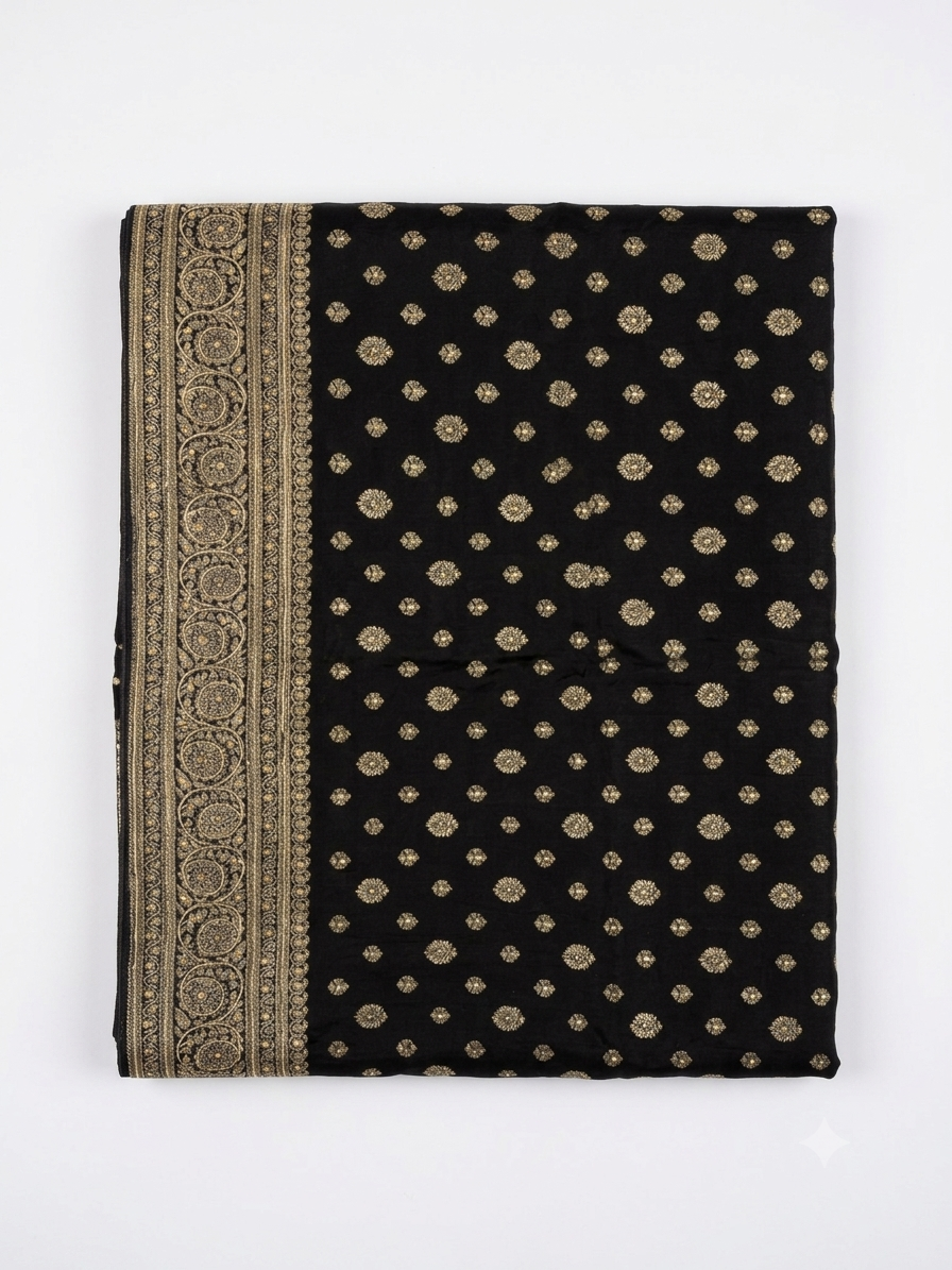 Black Silk Saree with Gold Zari Booti Work | Festive & Wedding Saree
