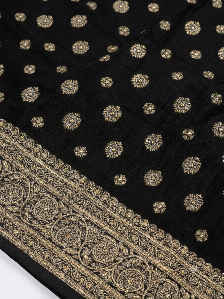 Black Silk Saree with Gold Zari Booti Work | Festive & Wedding Saree