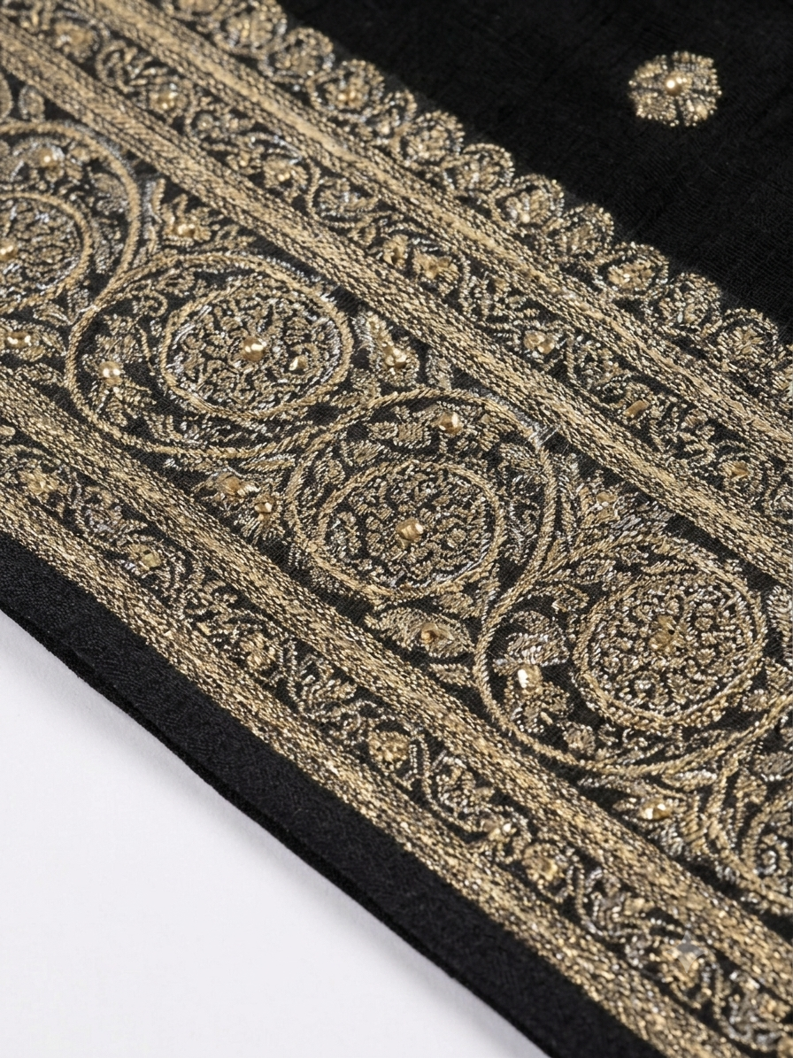 Black Silk Saree with Gold Zari Booti Work | Festive & Wedding Saree