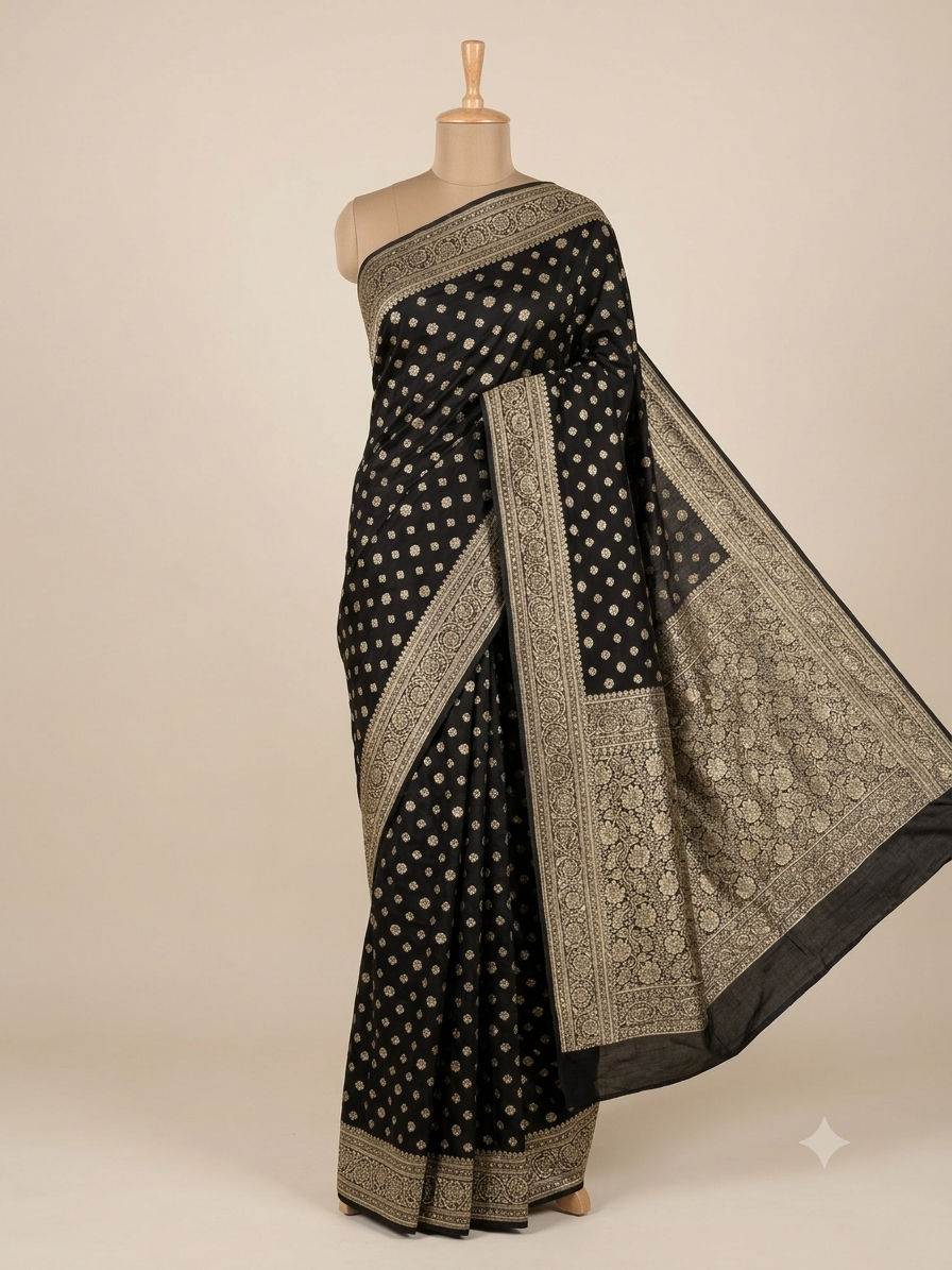 Black Silk Saree with Gold Zari Booti Work | Festive & Wedding Saree