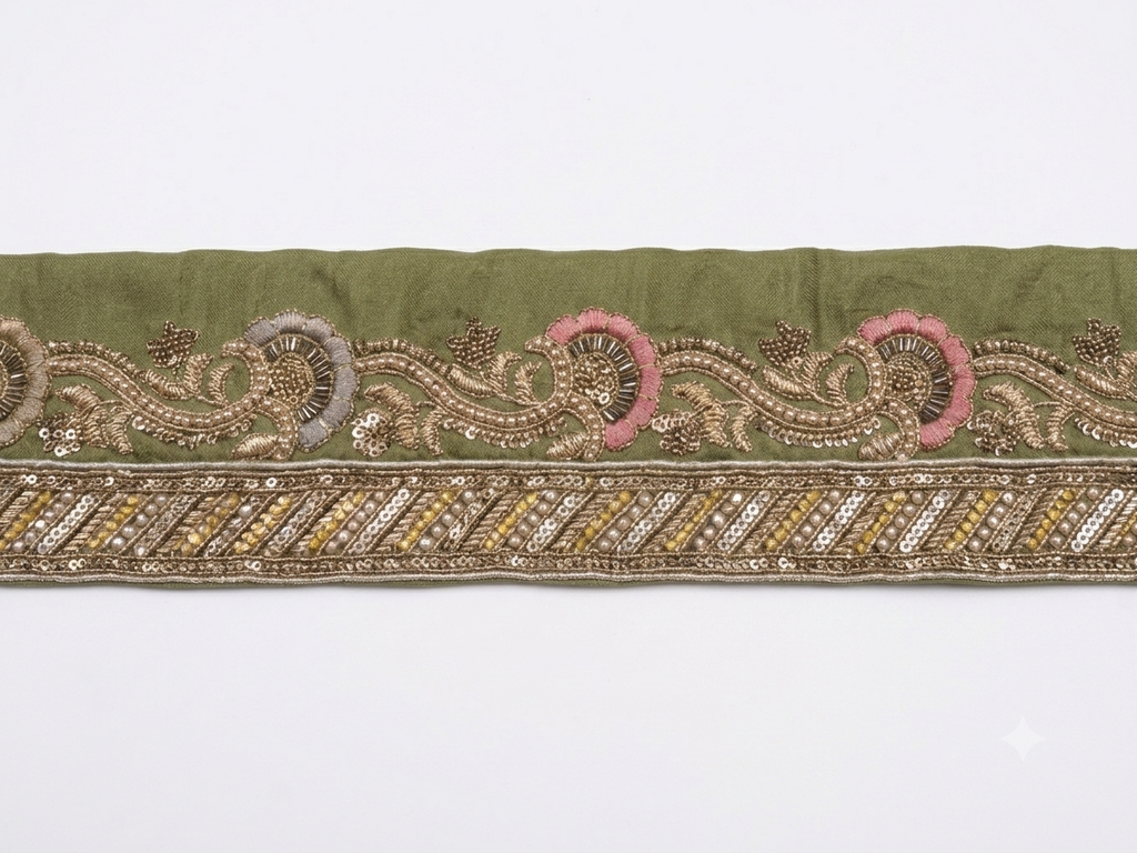 Olive green silk saree pallu detail with beadwork