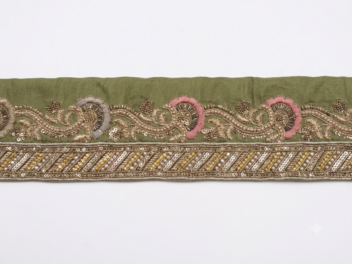 Olive green silk saree pallu detail with beadwork