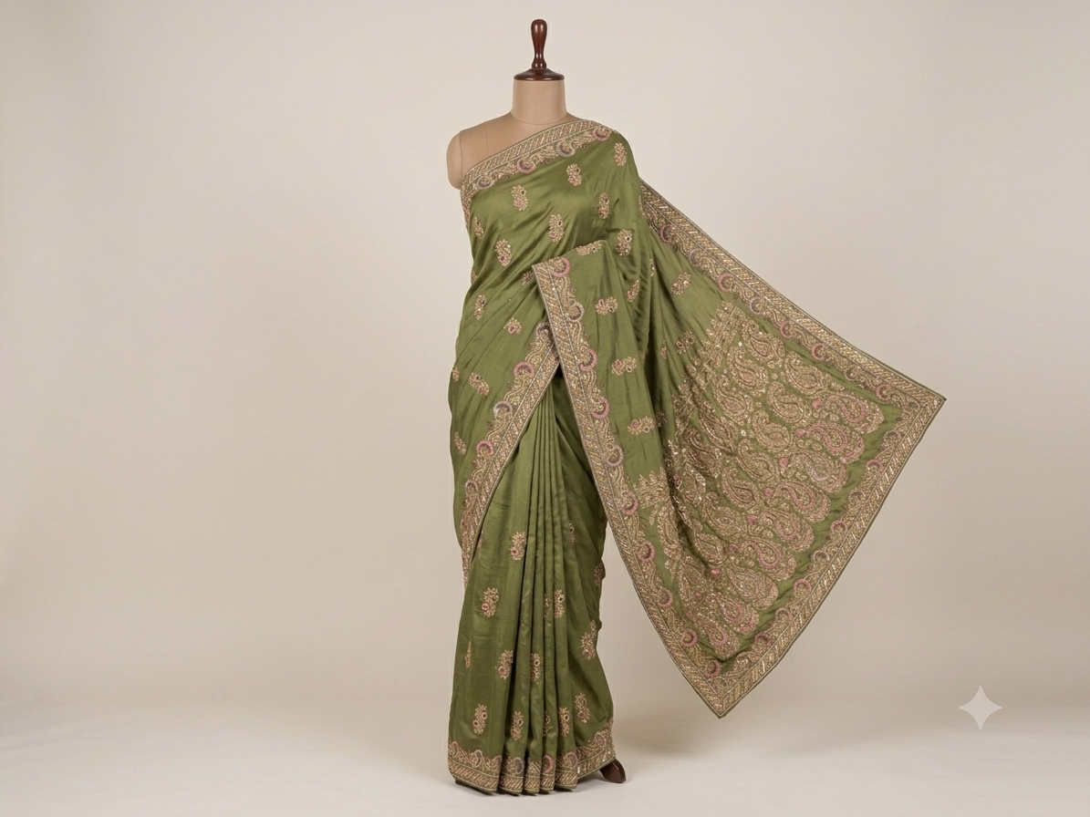 Olive green silk saree fabric texture close-up