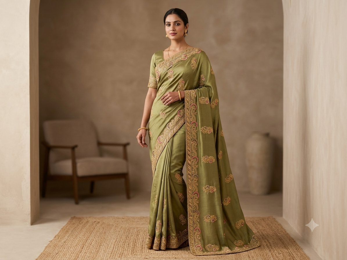 Olive green silk saree with beaded paisley work - full drape