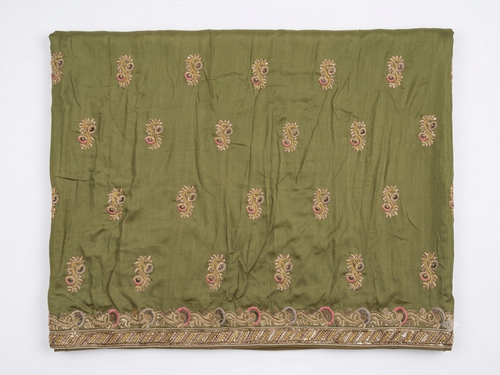 Olive green silk saree beaded paisley border close-up
