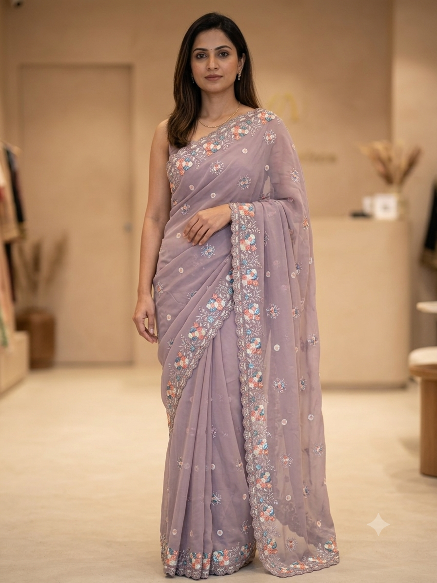 Mauve Georgette Saree with Floral Sequin Embroidery | Designer Wedding Saree