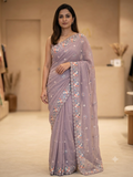 Mauve Georgette Saree with Floral Sequin Embroidery | Designer Wedding Saree