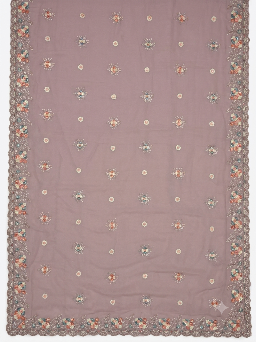 Mauve Georgette Saree with Floral Sequin Embroidery | Designer Wedding Saree
