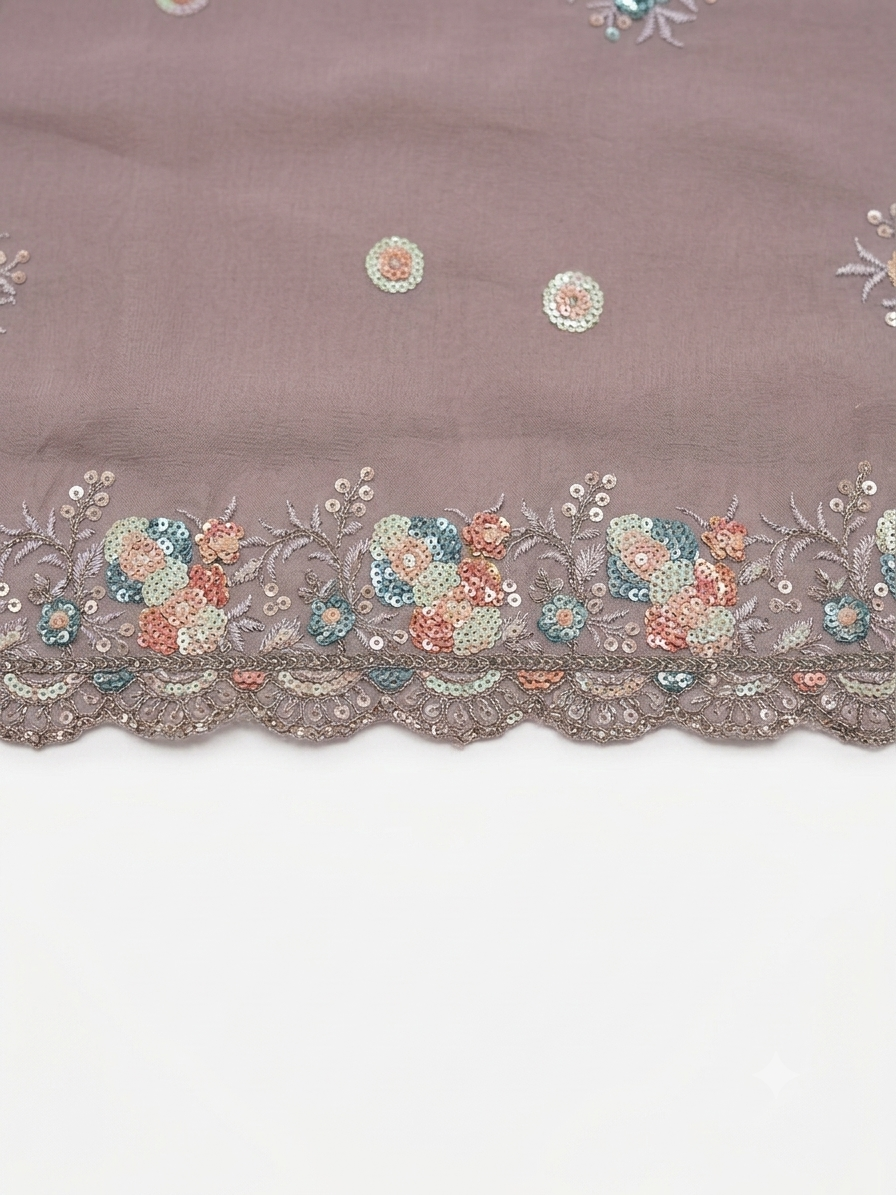 Mauve Georgette Saree with Floral Sequin Embroidery | Designer Wedding Saree