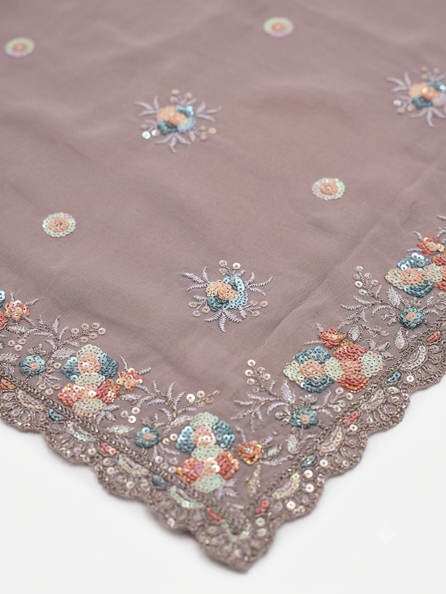 Mauve Georgette Saree with Floral Sequin Embroidery | Designer Wedding Saree