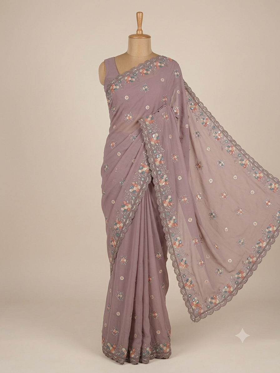 Mauve Georgette Saree with Floral Sequin Embroidery | Designer Wedding Saree