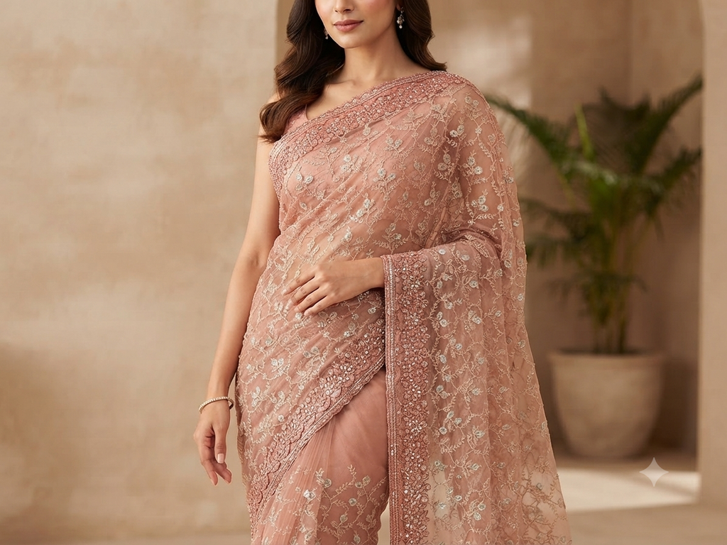 Peach Net Saree with Floral Trellis Embroidery | Designer Wedding Saree
