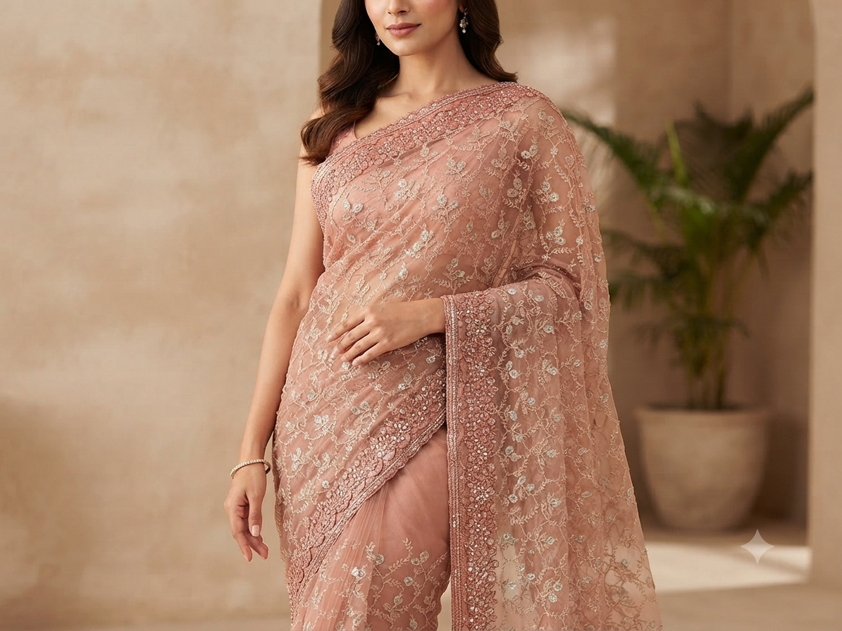 Peach Net Saree with Floral Trellis Embroidery | Designer Wedding Saree