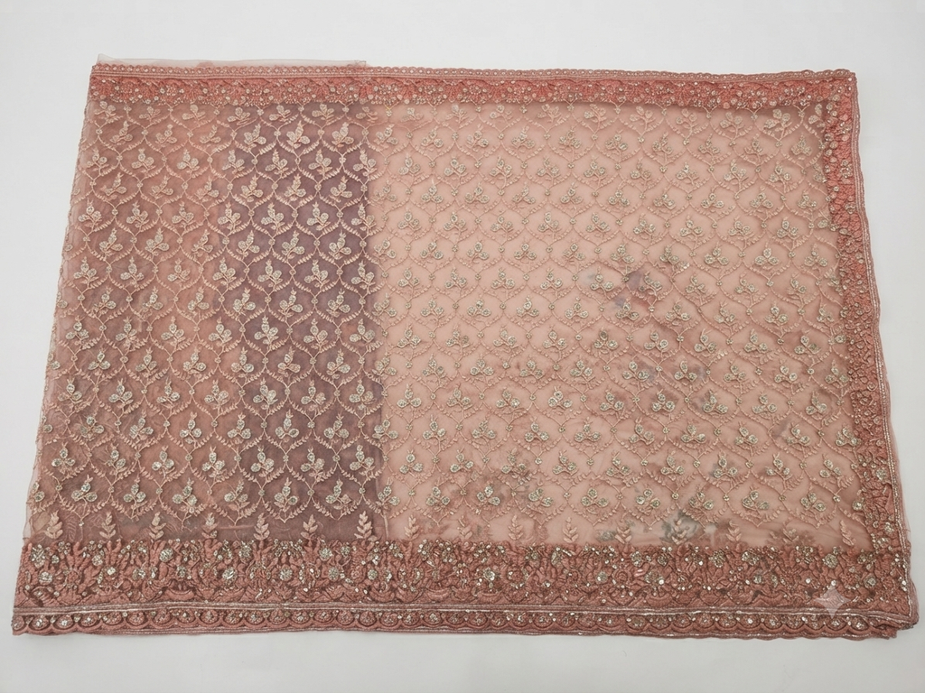 Peach Net Saree with Floral Trellis Embroidery | Designer Wedding Saree
