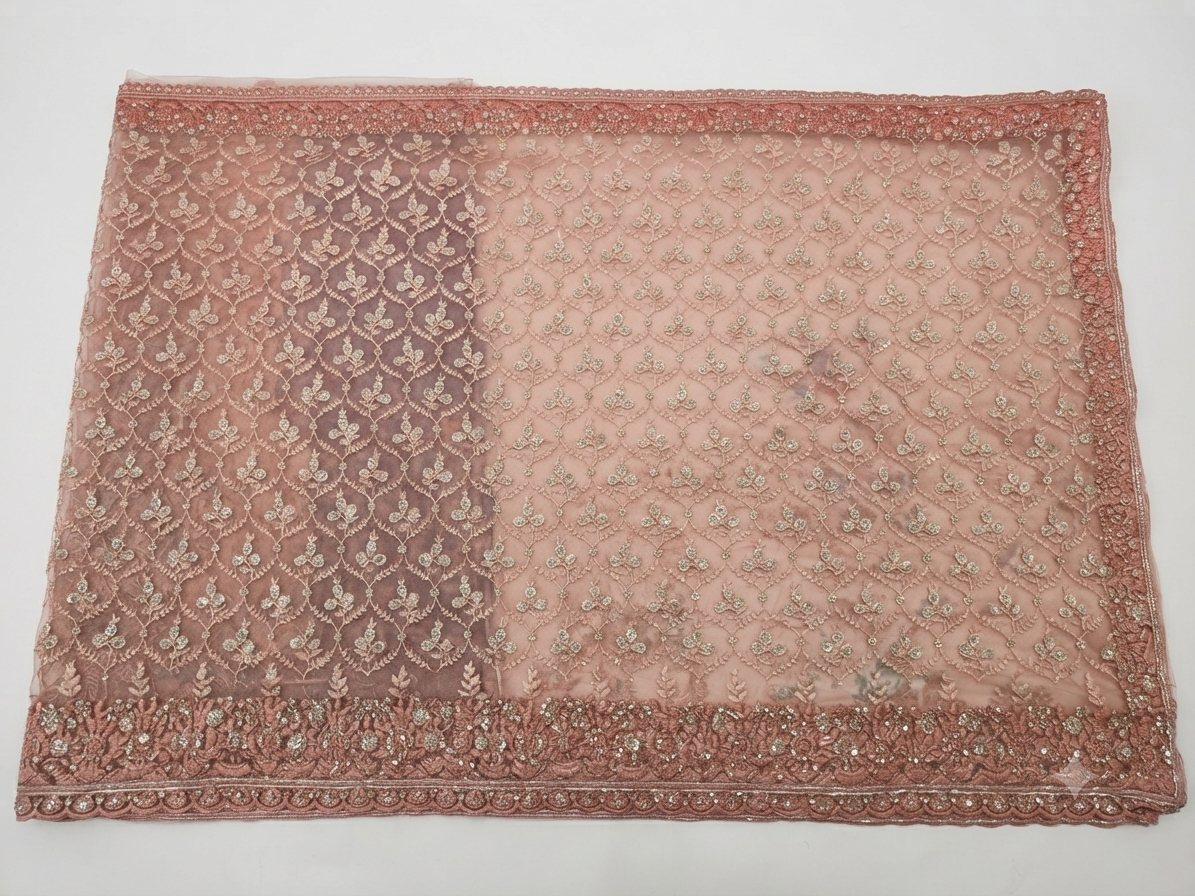 Peach Net Saree with Floral Trellis Embroidery | Designer Wedding Saree