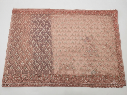 Peach Net Saree with Floral Trellis Embroidery | Designer Wedding Saree