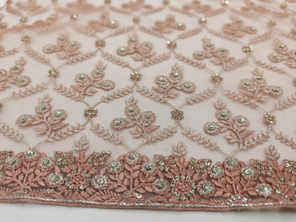 Peach Net Saree with Floral Trellis Embroidery | Designer Wedding Saree