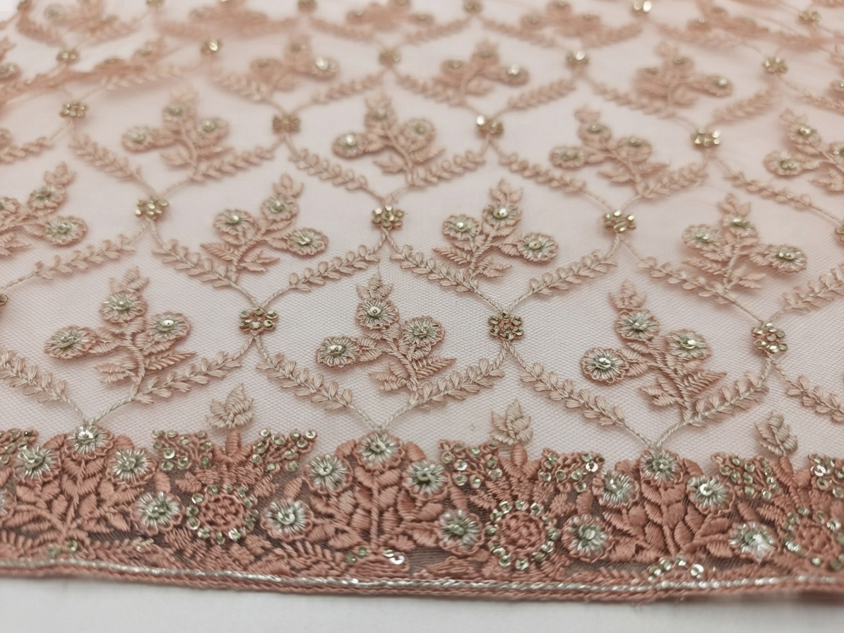 Peach Net Saree with Floral Trellis Embroidery | Designer Wedding Saree