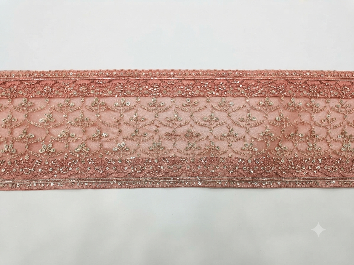 Peach Net Saree with Floral Trellis Embroidery | Designer Wedding Saree