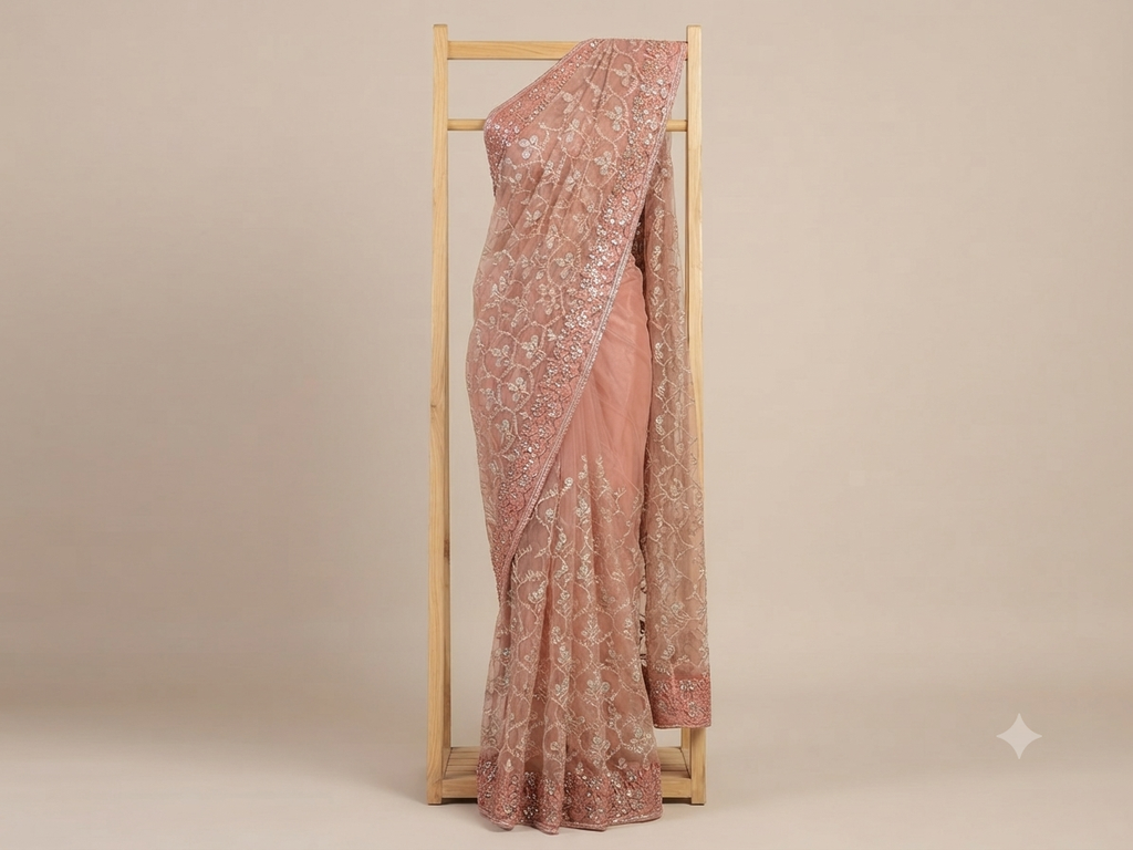 Peach Net Saree with Floral Trellis Embroidery | Designer Wedding Saree
