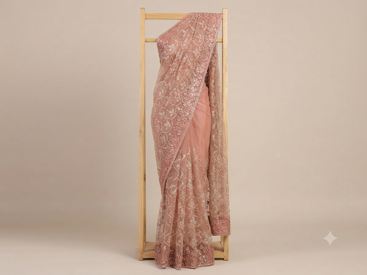 Peach Net Saree with Floral Trellis Embroidery | Designer Wedding Saree